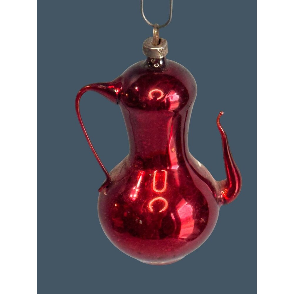 Antique Red Glass Pitcher Ornament Silver Mica Floral Applied Handle 3" - Picture 5 of 7